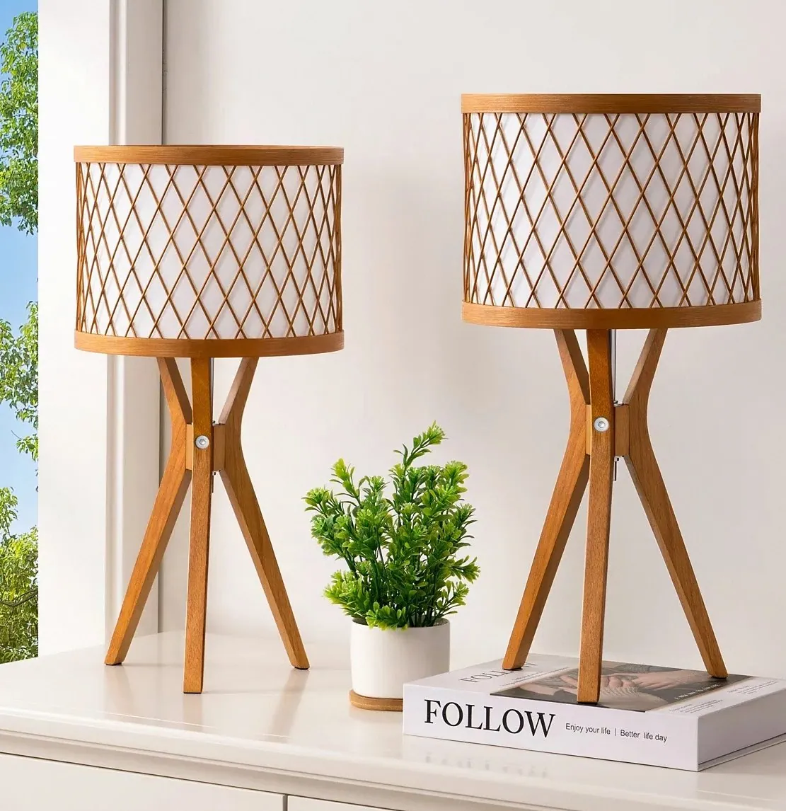 Natural Wood Tripod Table Lamp Set of 2 — 1
