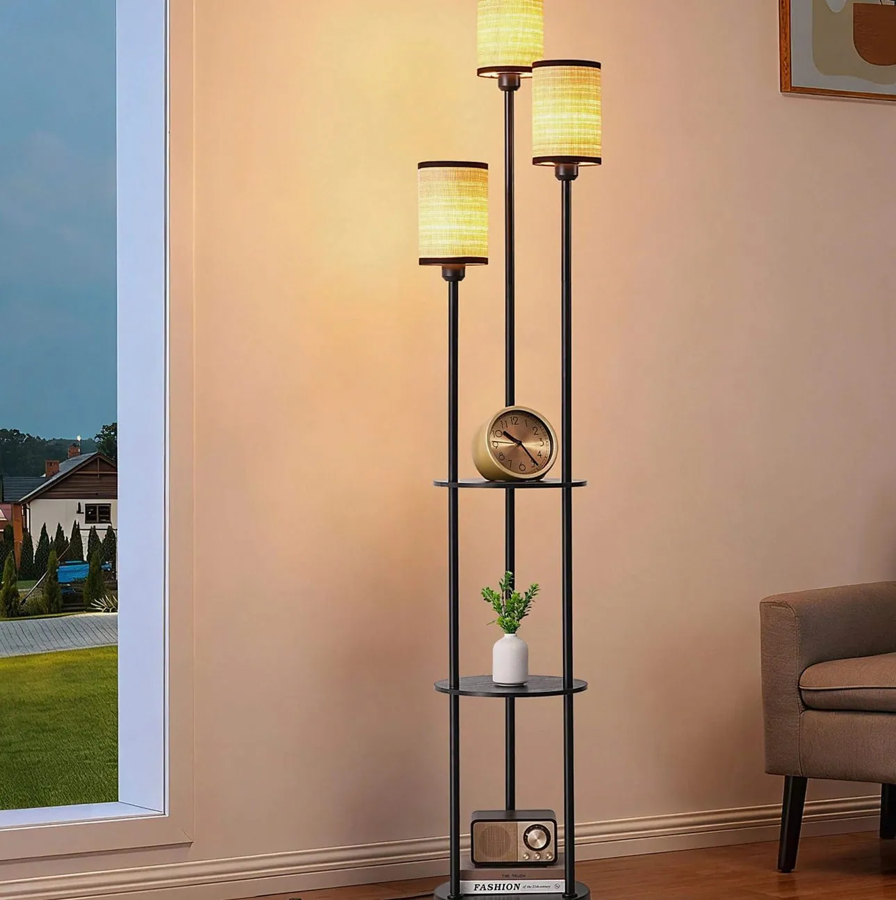 Three-Shade Floor Lamp with Storage Shelves — 1