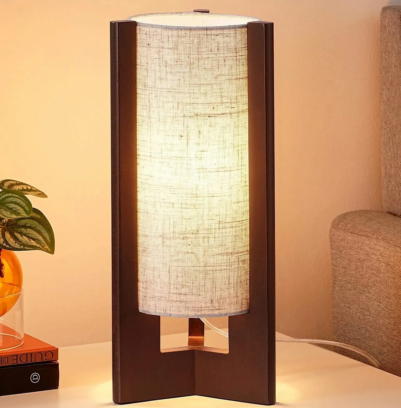 Solid Wood Base Table Lamp with Linen Shade — 1